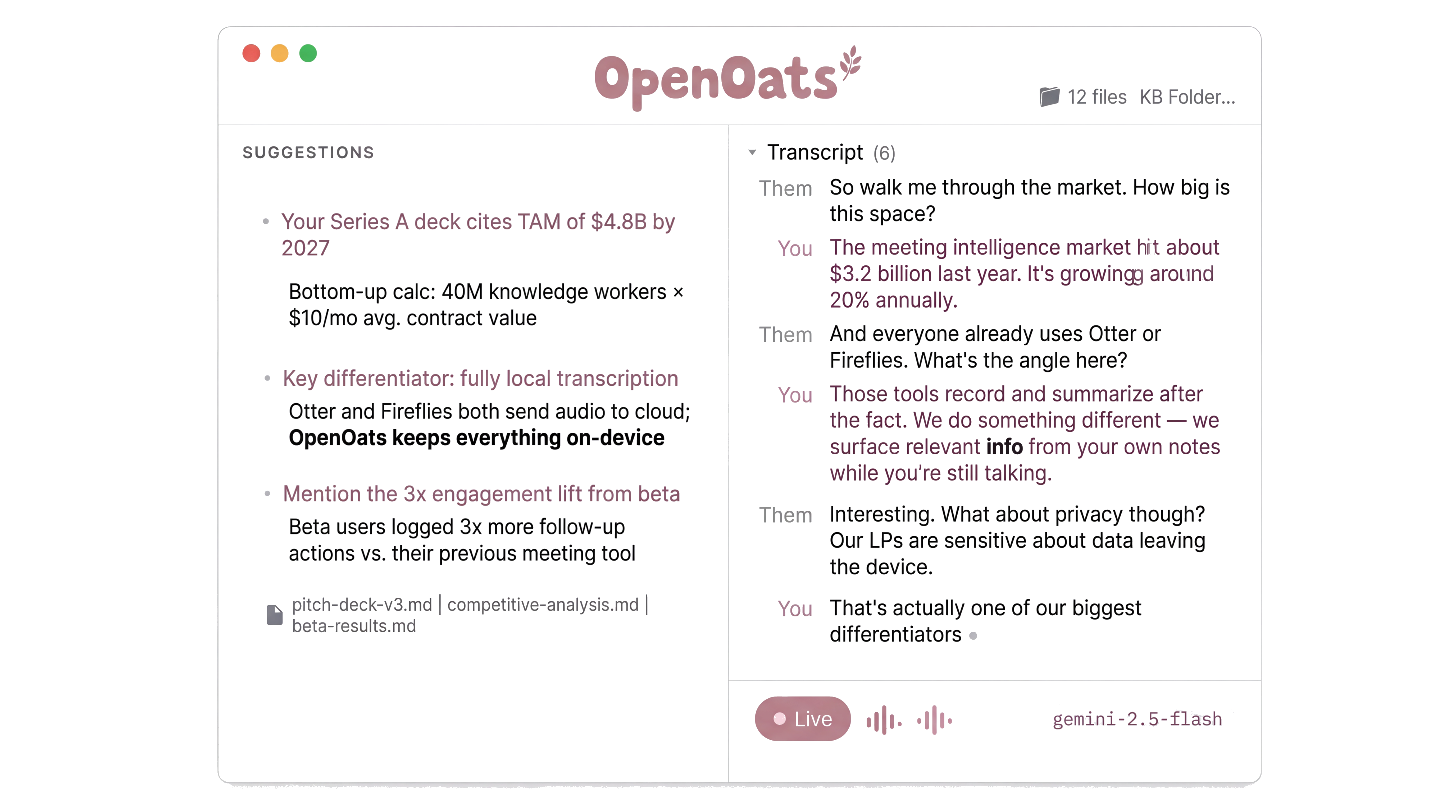 OpenOats running during a call, showing a live transcript with relevant context pulled from the user's notes